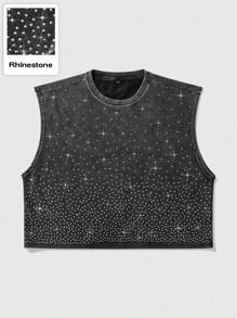 ROMWE MEN Street Life Men's Sleeveless Top, Street American Style Daily Rhinestone Effect Short Washed Snow Flake Top, 2000s Style - Black - View 1