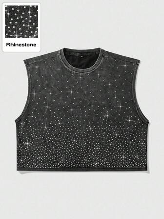 Street Life Men's Sleeveless Vest, Street American Style Daily Rhinestone Effect Short Washed Snow Flake Vest, 2000s Style