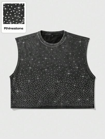 Street Life Men's Sleeveless Vest, Street American Style Daily Rhinestone Effect Short Washed Snow Flake Vest, 2000s Style