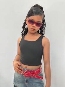 SHEIN Tween Girl 扭纹后背镂空 U 领休闲运动背心 - 黑色 - 查看 6