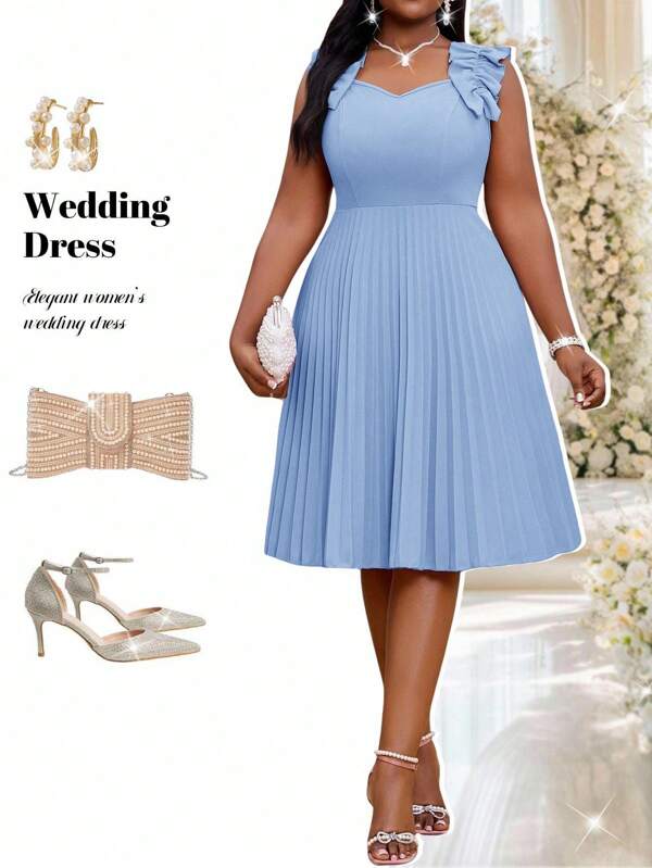 Fleurora Robe élégante de printemps et d'été pour fête, mariage, cocktail. Robe mi-longue bleue en tricot avec décolleté en cœur et volants. Robe grande taille pour femme, robe de cérémonie, robe d'anniversaire élégante. Tenue de fête, de concert, de festival pour femme. Robe de mariage pour invitée, tenue de sortie, de croisière.