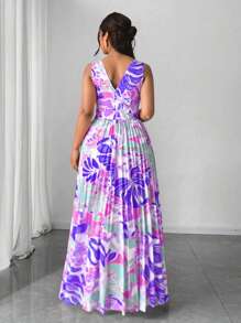 Elenzga Robe d'été élégante à col V sans manches, imprimé floral, plissée avec fente à la taille, pour les grandes tailles