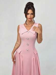 Firerie Women's Soft Pink Summer Elegant Tea Party Dress, Lapel Pearl Button Low Waist A-Line Mid-Length Sleeveless Graduation Teacher Outfits - Pink - View 5