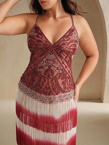 Anewsta Plus Size Women's Elegant Sequin Tassel Backless Formal Dress, Suitable For Gala - Burgundy - View 3