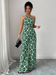 Elenzga Bộ đồ liền thân thắt eo bằng vải in họa tiết dành cho nữ, thanh lịch khi đi nghỉ và mặc hàng ngày - màu xanh lá - Xem 5