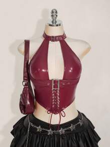 SHEIN ICON Top de tirantes con decoración de ojetes y cordones en la espalda de piel sintética, estilo gótico Y2K para mujer de talla grande - Burdeos - Ver 3