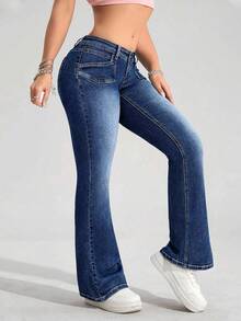 SHEIN ICON 女式低腰复古喇叭百搭时尚牛仔裤，蓝色 - 深色水洗藍 - 查看 5