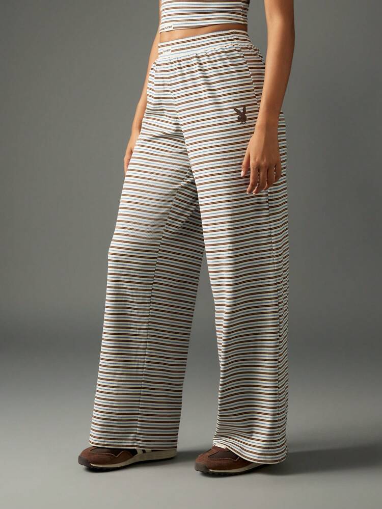 Missguided x Playboy Striped Ribbed Wide Leg Palazzo Pants With Drawstring