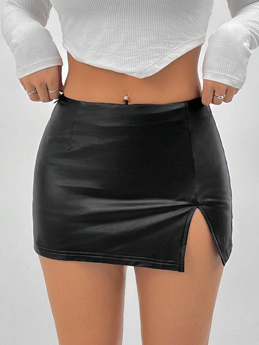 SHEIN PETITE PU High Elastic Leather Low Waist Mini Skirt ,Petite Women - Black - View 1
