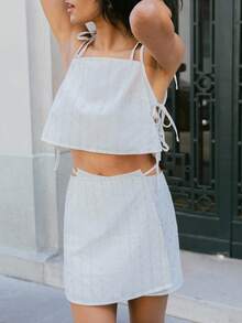 SHEIN Unity 复古夏季条纹套装，搭配系带上衣和裹身迷你裙 - 杏色 - 查看 6