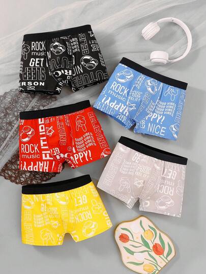 5pcs/Pack Tween Boys' Cotton Boxer Briefs, Rock Music Letter Graphic, Comfortable & Street Style