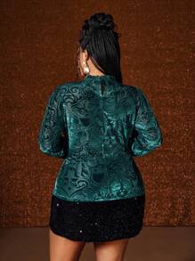 Maweii Camiseta de manga larga elegante de terciopelo con cuello de volantes y brillo, talla grande para mujer - Verde - Ver 2