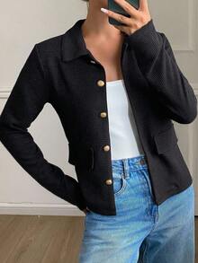 DAZY Women's Solid Color Fitted Elegant Vintage Collar Long Sleeve Textured Fabric T-Shirt, Autumn/Winter - Black - View 3