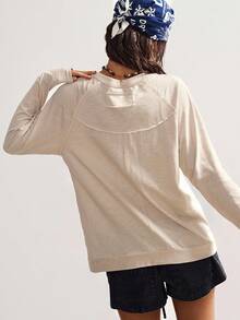 Bohemela 波西米亚风女士休闲长袖宽松水洗和平图案铆钉装饰T恤，复古西部乡村风格，适合音乐会、度假、返校季，秋冬季穿着。 - 卡其色 - 查看 8