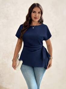 SHEIN Clasi 大码女式纯色圆领蝙蝠袖短袖侧系带时尚衬衫