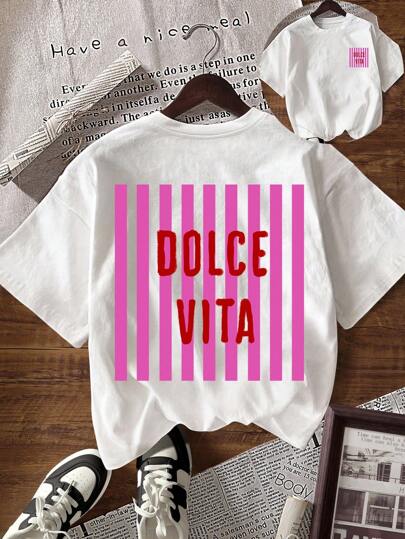 TaskSense Letter & Stripe Print Casual Round Neck Short Sleeve T-Shirt, Versatile For Summer