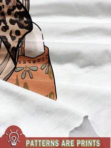 SHEIN 2 件套年轻女孩休闲豹纹蝴蝶结卡通图案圆领短袖上衣和喇叭裤夏季服装 - 彩色 - 查看 7