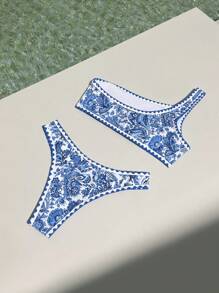 SHEIN Swim 女士一字肩印花時尚泳衣套裝嘉年華