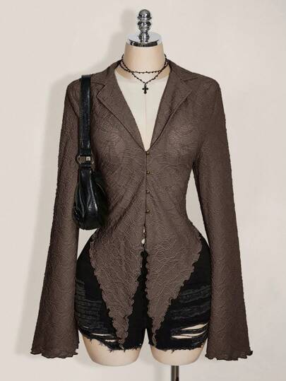 SHEIN ICON ICON PLUS 生菜边不对称下摆透视上衣（无胸罩）大码衬衫 - 1891，Y2k