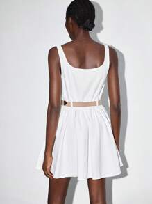 Maija 女式简约纯色方领喇叭下摆牛仔连衣裙，配腰带，夏季休闲装 - 白色 - 查看 3