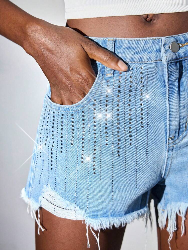 SHEIN Maija Women's Light Blue Denim Shorts Low Waist Ripped Shorts Diamond Decoration Y2K Music Festival New Autumn Shorts 2000s Style