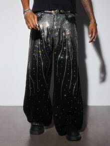 ROMWE MEN Street Life Quần Jeans Rộng Baggy Kim Cương Lấp Lánh Cho Nam - màu đen - Xem 6