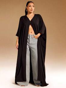 Vixey Blusa larga de gasa con hombros caídos, mangas sueltas y bajo con abertura - Negro - Ver 1