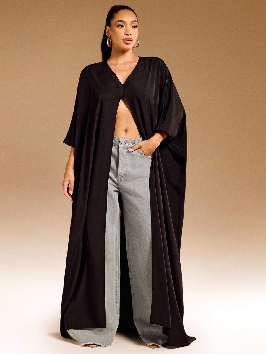 Vixey Blusa larga de gasa con hombros caídos, mangas sueltas y bajo con abertura - Negro - Ver 1
