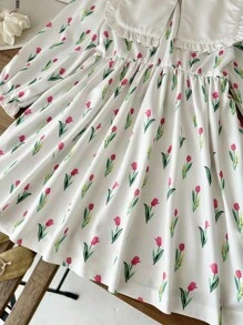 SHEIN Girls Tulip Print Dress, Countryside Style, Elegant & Fashionable, Versatile, Sweet, Long Sleeve, Suitable For Spring & Autumn Transition Season - Multicolor - View 6