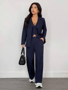 SHEIN PETITE Women's Casual Commuter Striped Jacket, Vest And Pants Suit Women Three Pieces Set Pinstripe Pantsuit, Winter Clothes For Women,Zip-Up,Casual Outfit For Women,Elegant Women's Set,Business Old Money Style Suit
