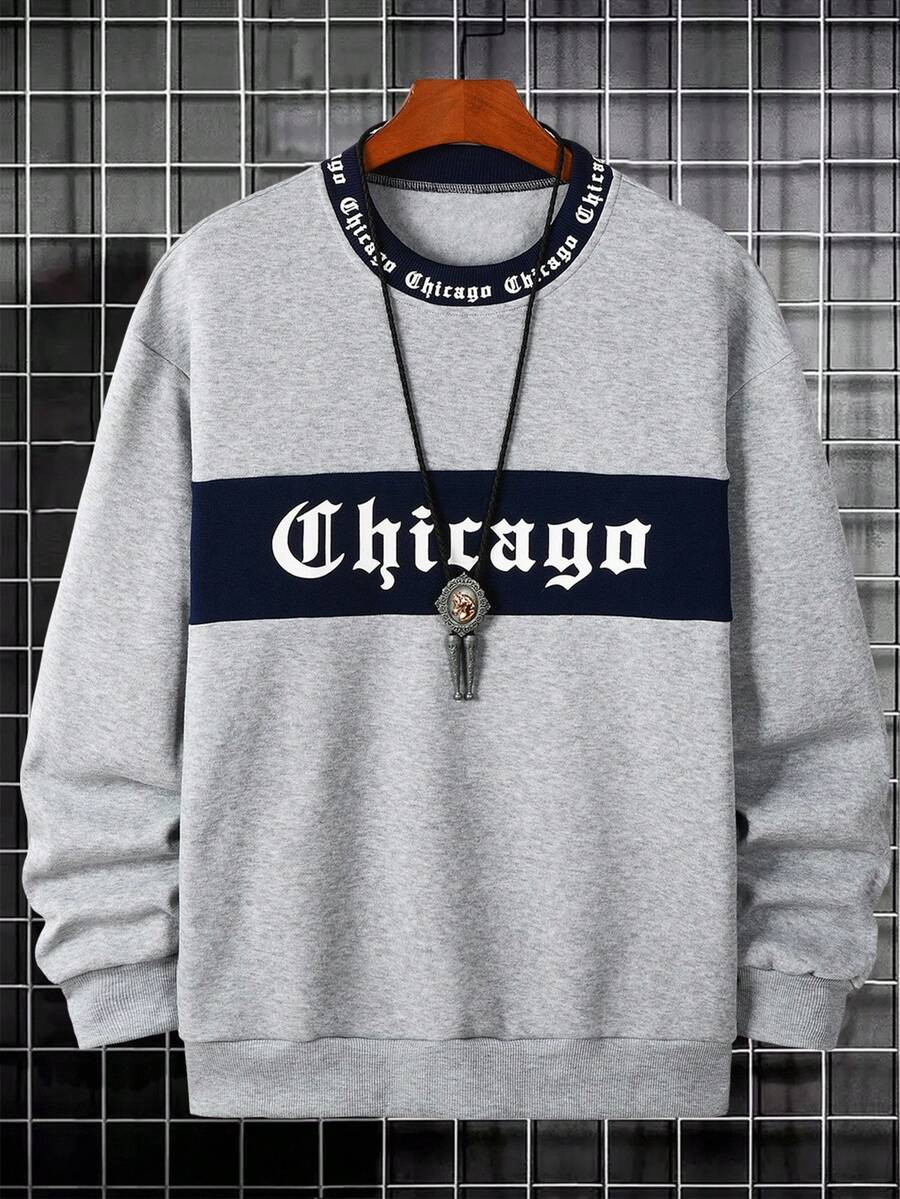 Manfinity Homme 男士字母印花圆领休闲宽松长袖套头衫芝加哥运动衫灰色运动衫男士运动衫运动衫男士运动衫万圣节 - 灰色 - 查看 1