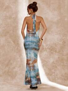 SHEIN BAE Elegant Tie-Dye Print Scoop Neck Slim Fit Dress, Casual & Simple, Spring/Summer - Blue - View 2