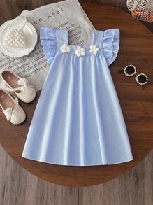 Elladie kids 女童休闲条纹方领喇叭裙，3D 花卉装饰，宽松 A 字裙，适合日常休闲、海滩、夏季