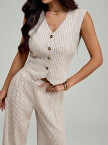 SHEIN PETITE 女士条纹西装两件套优雅通勤休闲 - 杏色 - 查看 7