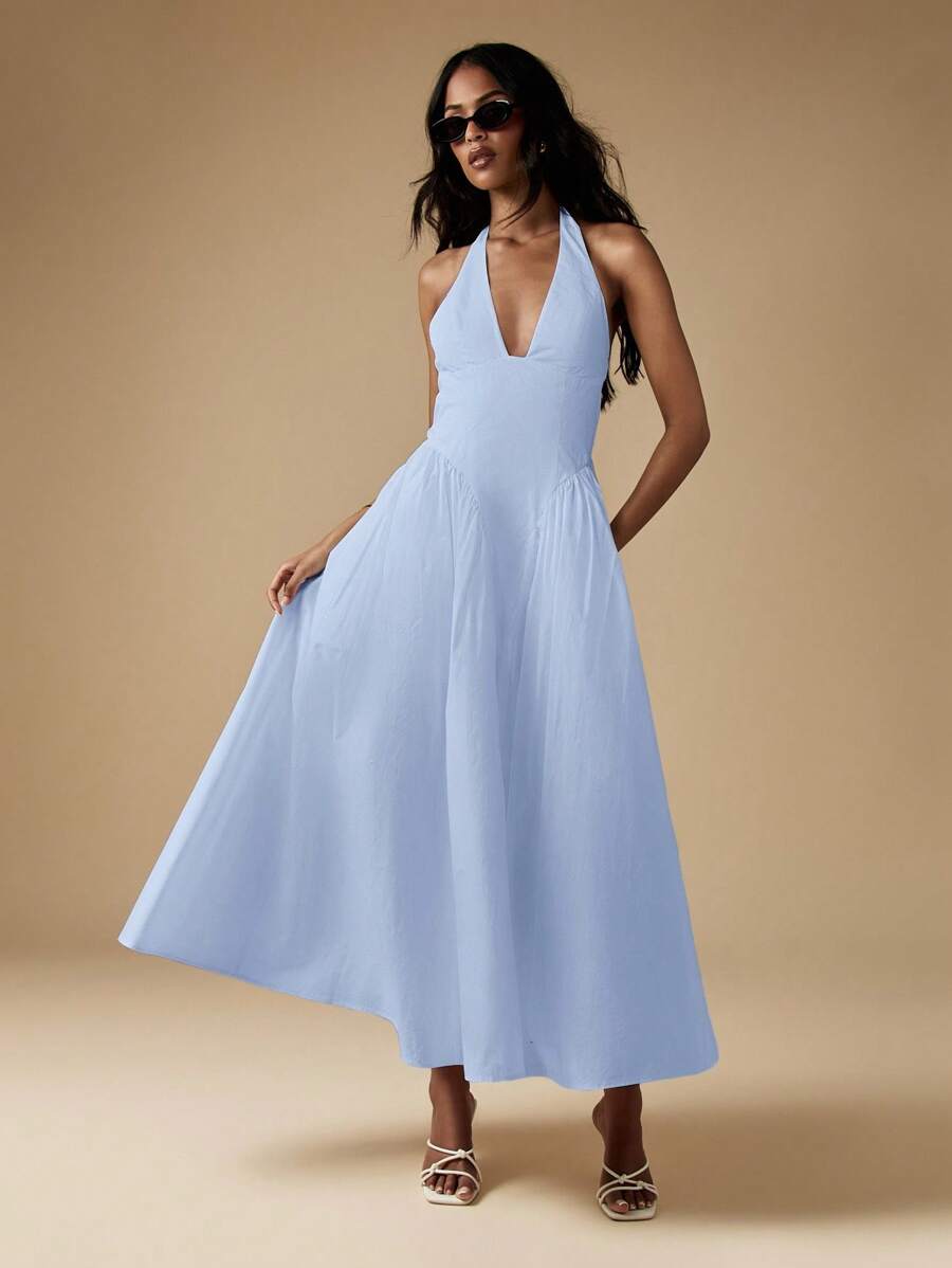MISSGUIDED Váy midi cổ yếm bằng vải poplin cotton thanh lịch, eo cao, dự tiệc cưới, dự tiệc mùa hè, thân áo nhún, váy xòe hở lưng, trang trọng - Màu xanh lam - Xem 1