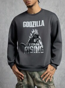 GODZILLAxKONG X SHEIN 男式字母与怪物图案圆领长袖套头衫 - 深灰色 - 查看 3