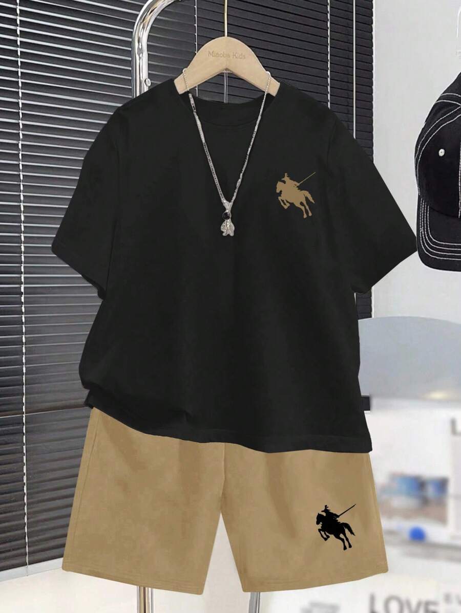 SHEIN 2pcs Tween Boys Casual Round Neck Short Sleeve T-Shirt And Shorts Set, Summer - Khaki - View 1