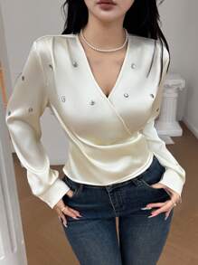 Feyla 女士优雅通勤水钻装饰裹身衬衫 - 杏色 - 查看 2