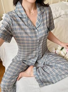 Napfluff 女士休闲格子睡衣套装，短袖有领，采用柔软梭织面料 女士睡衣套装 纽扣睡衣套装 两件套睡衣套装 女士睡衣套装 格子睡衣套装 女士睡衣套装 两件套睡衣套装 女士短袖睡衣套装 女士纽扣睡衣套装 - 彩色 - 查看 4