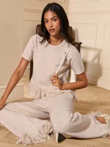 Lilora Nuevo suéter de punto casual de moda para mujer con bajo asimétrico y flecos