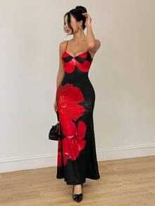 SHEIN PETITE Women's Fashionable Printed Sleeveless Dress, Summer Red And Black Dress - Brown - View 7