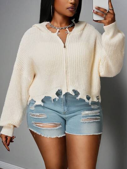 Slaydiva ผ้าคาร์ดิแกนมีฮูดซิปหน้าแบบเหยาะบ่าสำหรับผู้หญิงไซส์พลัส ไหล่ห้อย แขนยาว และรอยขัดรูปแบบ