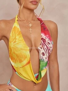 Lumalex Herbst, bescheiden, altes Geld, kokett, glitzernd, Urlaubsparty-Outfit, Rave, Festival, Ausflug, Schwimmen, Urlaub, Bohemian, BOHO, Meer, Strand, heiß, Outdoor, reich geschichtet, Hochzeitssaison, Bankett, Zeremonie zum Erwachsenwerden, Strand, Meer, 2 Stücke Set, Neckholder-Top mit tropischem Blumen- und Fruchtdruck und hochgeschlitzter, tief taillierter Rock für Damen