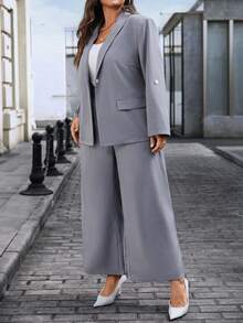 EMERY ROSE Plus Size Women Solid Color Lapel Roll-Up Sleeve Jacket And Pants Casual Suit Set Autumn/Winter Business Casual Women's Two Piece Outfits, Gray Business Suit Fall