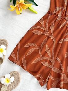 Soleia 女士细肩带交叉裹腰休闲连体裤女士夏季连体裤树叶印花连身裤 - 棕色 - 查看 3