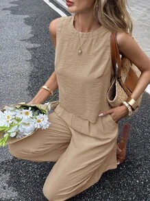 Serisse 2pcs Women Solid Color Round Neck Backless Sleeveless Top And Pants Set Brown Summer Casual