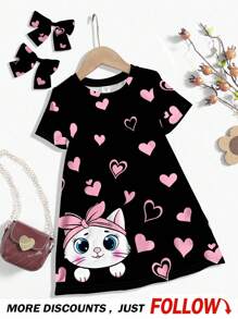 SHEIN Heart Cat Design, Pink Casual Simple Short Sleeve Mid-Length Dress For Young Girls, Suitable For Summer & Autumn
