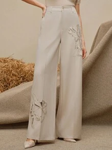 Anewsta 奢华刺绣亮片串珠3D花卉图案女式阔腿裤，杏色