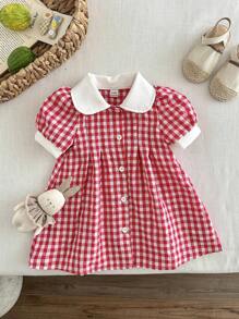 SHEIN Vintaside Kids 女婴格子碎花休闲连衣裙，田园风格，舒适时尚，百搭，春夏季，樱桃装饰 - 紅色 - 查看 8