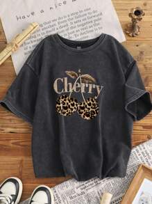 Attitoon Women's Grey Leopard Print Cherry Pattern Graphic Tee,Summer Casual City Break Oversized T-Shirt,Minimalist Vintage Grunge Punk Beach Vacation Top - Multicolor - View 8